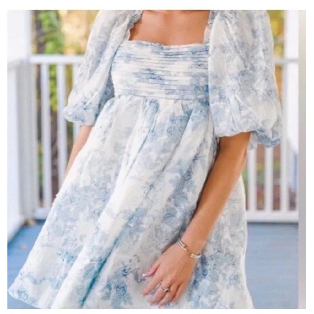 Sofie the Label Mini Dress Floral Puff Sleeve Babydoll Sz S Blue White Romantic